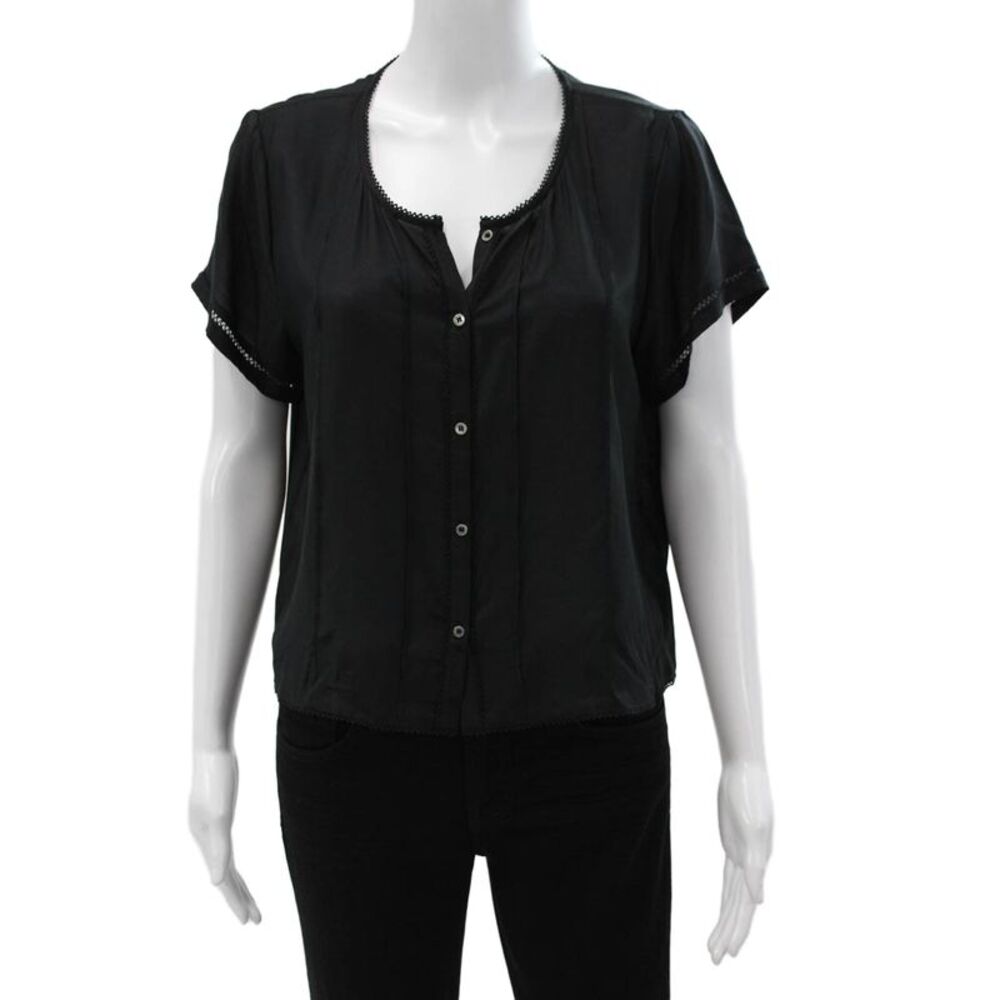 Frame Shirt Women Black Rayon V-Neck Short Sleeve Button Blouse Size S